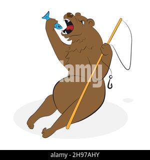 orso con canna da pesca mangiare pesce vettore illustrazione isolato su sfondo bianco Illustrazione Vettoriale