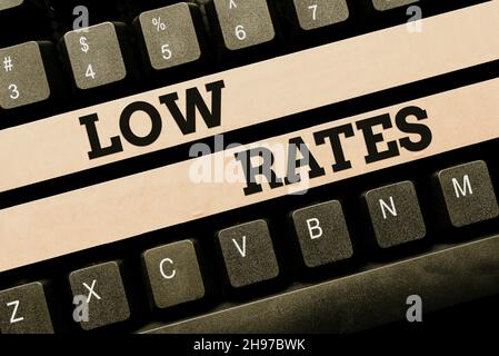 Tasso basso della didascalia concettuale. Business Concept Costo di un articolo o servizio che è solitamente al suo prezzo più basso convertire i dati analogici in digitale Foto Stock