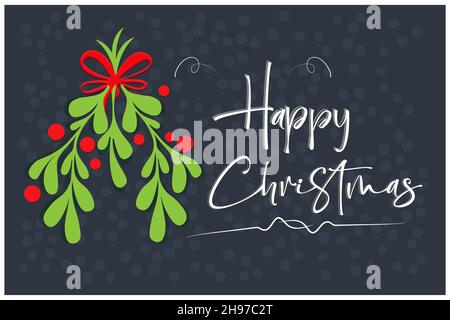 Felice Natale calligrafia bianca su uno sfondo scuro festivo con festa agrifoglio mazzo e neve. Ottimo per biglietti per le vacanze, striscioni, ecc - Vector EPS Illustrazione Vettoriale