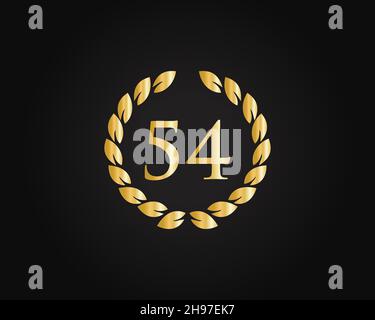 Modello con logo ad anello per il 54° anniversario. Logo del 54° anniversario con anello dorato isolato su sfondo nero, per compleanno, anniversario Illustrazione Vettoriale