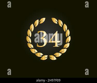 Modello con logo Ring per il 34° anniversario. Logo del 34° anniversario con anello dorato isolato su sfondo nero, per compleanno, anniversario e Società Illustrazione Vettoriale