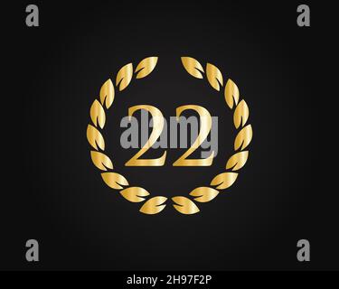 Modello con logo ad anello per 22 anni. Logo 22 anni anniversario con anello dorato isolato su sfondo nero, per compleanno, anniversario Illustrazione Vettoriale