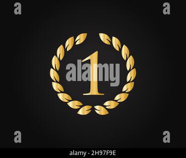 Modello di logo Ring per il primo anniversario. Logo del primo anniversario con anello d'oro isolato su sfondo nero, per compleanno, anniversario e Società Illustrazione Vettoriale