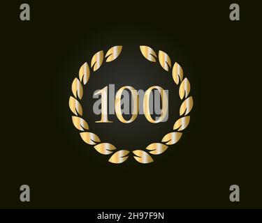 Modello di logo Ring per il 100° anniversario. 100esimo anniversario Logo con anello dorato isolato su sfondo nero, per compleanno, anniversario Illustrazione Vettoriale