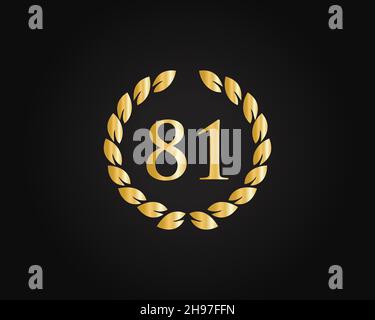 Modello con logo ad anello per 81 anni. Logo 81 anni anniversario con anello dorato isolato su sfondo nero, per compleanno, anniversario Illustrazione Vettoriale