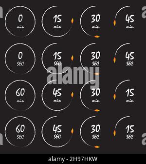 Accensione a timer con fiamma, illustrazione vettoriale concettuale del timer. La raccolta di icone del conto alla rovescia è isolata su sfondo nero Illustrazione Vettoriale