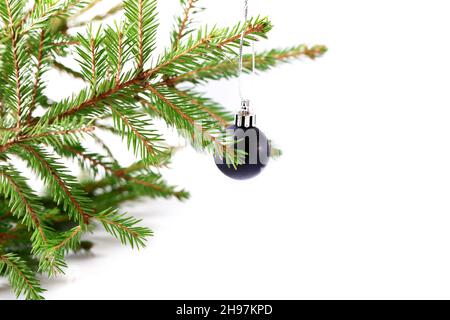Ramo di abete rosso con una palla di Natale nera su sfondo bianco. Concerto di Natale minimalista e creativo Foto Stock