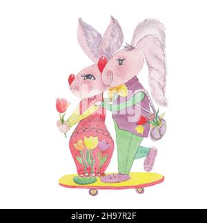 Coppia di coniglietto pasquale acquerello. Conigli su skateboard con tulipani Foto Stock