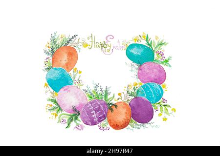 Wercolor pasquale con uova e fiori Foto Stock