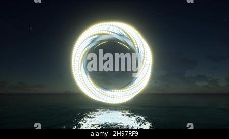 Futuristica struttura neon in architettura 3d costruzione tecnologia Data neon ring rendering 3d Foto Stock