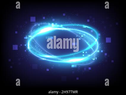 Tecnologia che illumina l'effetto della luce di turbolenza. Cornice astratta magica. Energia di potenza dell'elemento circolare. fantascienza luminosa. Luci al neon brillanti cosmiche. Futuristico Illustrazione Vettoriale