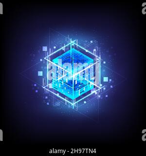 Scatola energia HUD. Codice Smart. Big data. Chip digitale. Linee griglia abbagliate. Cubi 3D incandescenti. Core CPU. Background astratto della tecnologia. scie hi hi-tech futuristico Illustrazione Vettoriale
