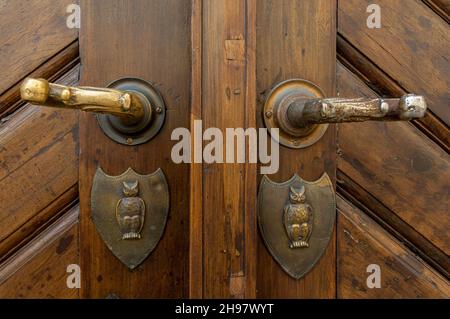 Piastre porta in ottone ornato con gufi di rilievo sulla porta di legno di un edificio a Malá Strana di Praga Foto Stock