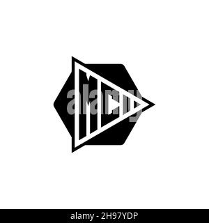 MC lettera del logo monogramma con triangolo di riproduzione forma pulsante esagonale arrotondata. Logo monogramma circolare triangolare, lettera logo schermo triangolare. Illustrazione Vettoriale