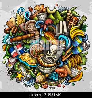 Repubblica Dominicana disegno a mano cartoon doodle illustrazione. Divertente Dominicanian design. Sfondo vettoriale creativo con elementi del Paese nordamericano Illustrazione Vettoriale