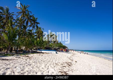 Ammira la spiaggia di Diani fiancheggiata da palme, con turisti e gente del posto che camminano sulla spiaggia, in Kenya Foto Stock