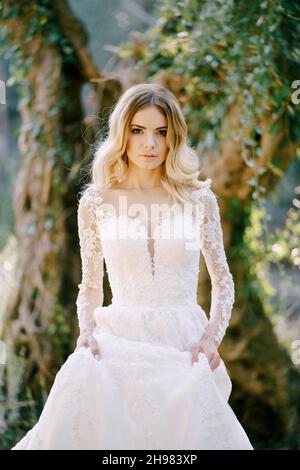 Sposa in un abito ricamato in pizzo si trova vicino ad un albero coperto di edera Foto Stock