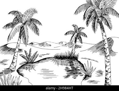 Oasis Desert grafico bianco nero illustrazione del paesaggio vettore Illustrazione Vettoriale