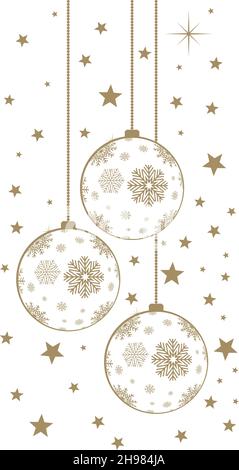 Palla di Natale o vettore bauble con fiocchi di neve in oro. Staffa con catena. Appeso elemento di Natale dorato e decorazione con stelle su sfondo bianco. Illustrazione Vettoriale