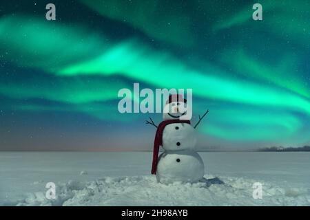 Divertente pupazzo di neve in elegante cappello rosso e cuoio capelluto rosso sul campo nevoso sullo sfondo di un incredibile cielo stellato con Aurora borealis. Panorama notturno incredibile. Aurora boreale in campo invernale Foto Stock