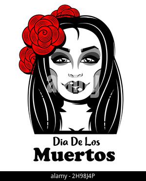 Illustrazione vettoriale di una donna dal collo in su, fatta per dia de los Muertos Illustrazione Vettoriale