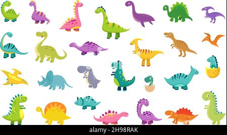 Set di dinosauri carini. Dinos Cartoon, dinosauri colorati personaggi isolati. Tirannosaurus, triceratop, pterodattil. Divertenti animali preistorici, vettore Illustrazione Vettoriale