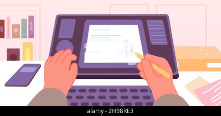 Firma digitale sullo schermo. L'uomo firma un documento, un accordo o un contratto. Firma elettronica in banca o ufficio, tecnologia moderna concetto vettoriale Illustrazione Vettoriale