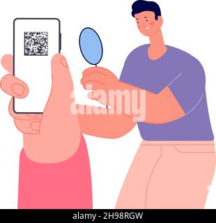 Man controlla il codice QR sullo schermo dello smartphone. Identificazione personale, assistenza sanitaria e informazioni sulla vaccinazione. Stile di vita moderno, concetto digitale di codice a barre vettoriale Illustrazione Vettoriale