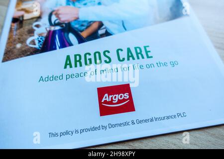 Argos Care un piano di protezione per coprire i dispositivi elettrici per la garanzia estesa a un piccolo costo Foto Stock