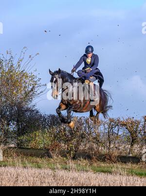 Temple Bruer, Lincoln, Lincolnshire, Regno Unito. 5 dicembre 2021. All'inizio della stagione invernale, il Cranwell Bloodhounds ha ospitato un incontro per i motociclisti in sella laterale, che ha attirato le Signore di tutto il paese che volevano fare un giro in sella laterale, il giorno che include alcune siepi particolarmente alte che fanno volare il fango. Credit: Matt arto OBE/Alamy Live News Foto Stock