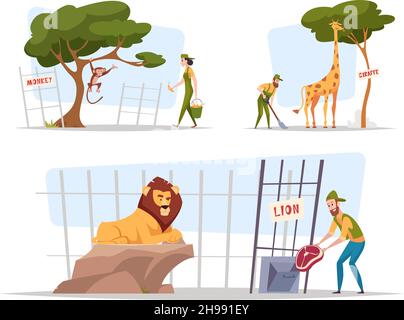 Roba dello zoo. Le persone che lavorano in animali zoo cura e si nutre scimmia orso giraffa leone vettore esatto cartoon illustrazioni set Illustrazione Vettoriale