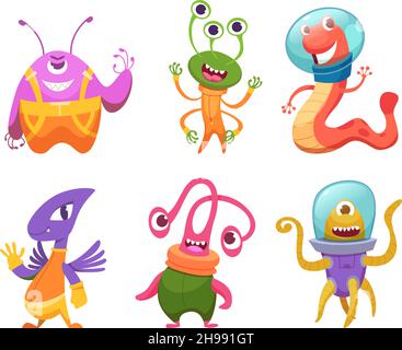 Cartoon aliens. I mostri dello spazio freak misterioso divertente futuro fumetti aliens pazzi volti vettoriali esatti caratteri piatti in stile cartoon Illustrazione Vettoriale