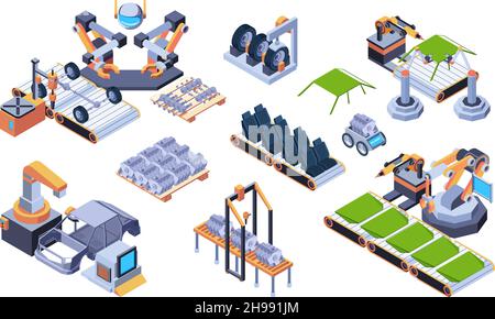 Produzione di automobili. Automazione robotica produzione automobilistica elaborazione intelligente servizi robotici garish vettore isometric illustrazioni Illustrazione Vettoriale