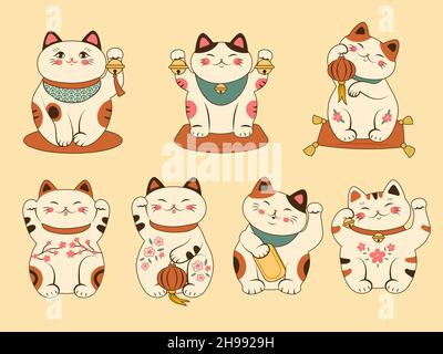 Maneki neko. Cinese carattere autentico asiatico fortunato gatto che abbellire regali vettore recente stilizzato animali Illustrazione Vettoriale