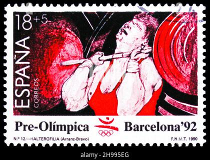 MOSCA, RUSSIA - 7 NOVEMBRE 2021: Francobollo stampato in Spagna mostra Giochi Pre-olimpici Barcellona, serie, circa 1990 Foto Stock