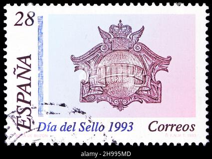 MOSCA, RUSSIA - 7 NOVEMBRE 2021: Francobollo stampato in Spagna mostra 1908 Mailbox Madrid Postal Museum, serie, circa 1993 Foto Stock