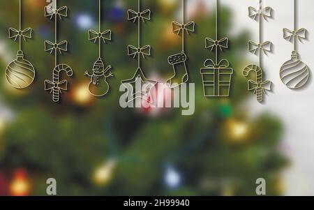 Ornamenti dorati appesi di Natale su sfondo sfocato Illustrazione Vettoriale