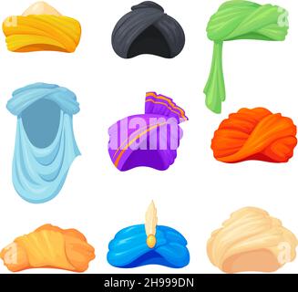 Set di turbanti arabi. Cappelli tradizionali indiani, abbigliamento cultura indiana, copricapo sikh, headdress culture orientali, abiti arabi etnici, cartoon pulito isolato illustrazione vettoriale Illustrazione Vettoriale