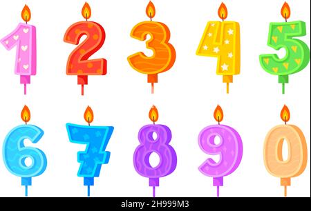 Anniversario numeri candela. Numero di compleanno per la torta di festa, festa cera candele, festa candela, anniversario di nascita, divertente vettore cartoon. Illustrazione delle candele di compleanno anniversario Illustrazione Vettoriale