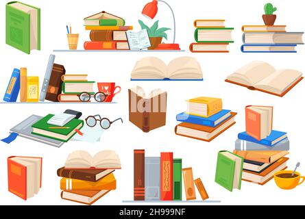 Fumetti di testo del mucchio di cartoni animati. Pile libri scuola segnalibri, libro studio leggere istruzione, libreria bookstore, dizionario accademico, dormire lettura apprendimento hobby vettore. Illustrazione del manuale della scuola di istruzione Illustrazione Vettoriale