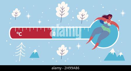 Gioie bagnarsi in acqua fredda. Donna che prende bagno fresco. Lavaggio del corpo a bassa temperatura. Prevenzione della salute. Donna carattere nuoto in Ice Hole Illustrazione Vettoriale