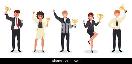 Uomini d'affari con coppe dorate. I dipendenti dell'ufficio sono felici e positivi e sono in possesso di premi in oro. Premiazione dei vincitori. Progetto riuscito. Persone che raggiungono l'obiettivo e. Illustrazione Vettoriale