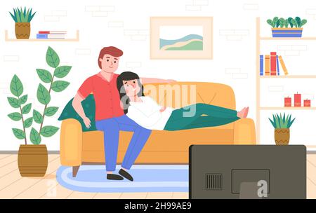 Coppia sul divano. Ragazzo con la ragazza che guarda il film insieme all'interno della stanza. Persone che guardano la TV. Moglie e marito seduti nell'abbraccio. Casa accogliente relax Illustrazione Vettoriale