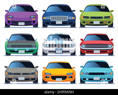 Set per la visione anteriore dell'auto. Traffico urbano veicolo modello automobili icona trasporto colore veloce auto strada città traffico set di guida Illustrazione Vettoriale
