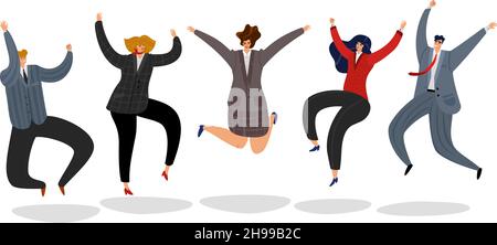 Business persone che saltano. Entusiasti dipendenti felici saltare cartone animato motivato squadra ufficio lavoratori celebrare successo vincere Illustrazione Vettoriale