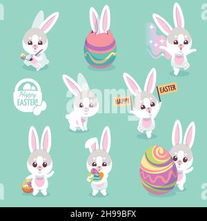 Caratteri coniglietto di Pasqua. Coniglio carino con uovo di pasqua cartone animato coniglietti set vettore Illustrazione Vettoriale