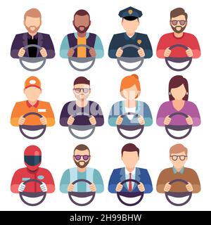 Set di driver. Auto persona uomo donna conducente mani lavoro volante professione servizio corriere chauffeur icona piatto Illustrazione Vettoriale