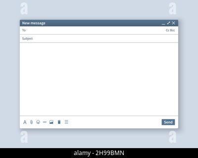 Schermata e-mail vuota. Mail message interface blank mockup internet window computer, box page web software browser Illustrazione Vettoriale