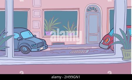 le auto sono parcheggiate su una strada della città lungo il marciapiede e su una strada della città lungo il marciapiede. Vista dalla finestra Illustrazione Vettoriale