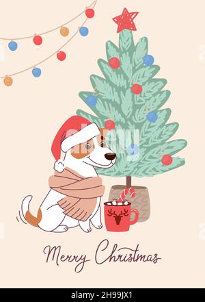 Il cane alla moda Jack Russell Terrier sulla carta di natale. Biglietto d'auguri vettoriale in stile piatto con lettere buon Natale Illustrazione Vettoriale